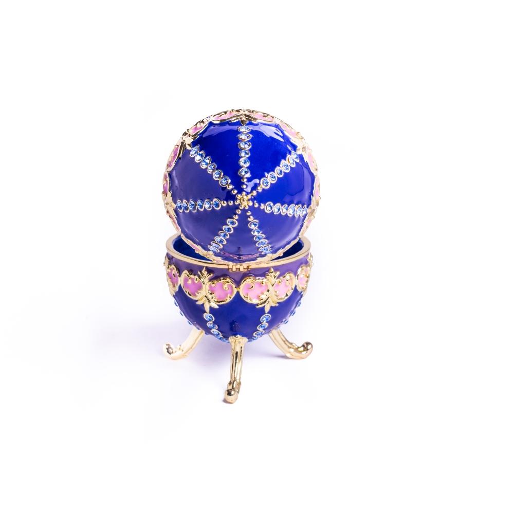 A beautifully crafted Blue Decorated Faberge Egg trinket box adorned with Austrian crystals and 24K gold plating, showcasing intricate details.