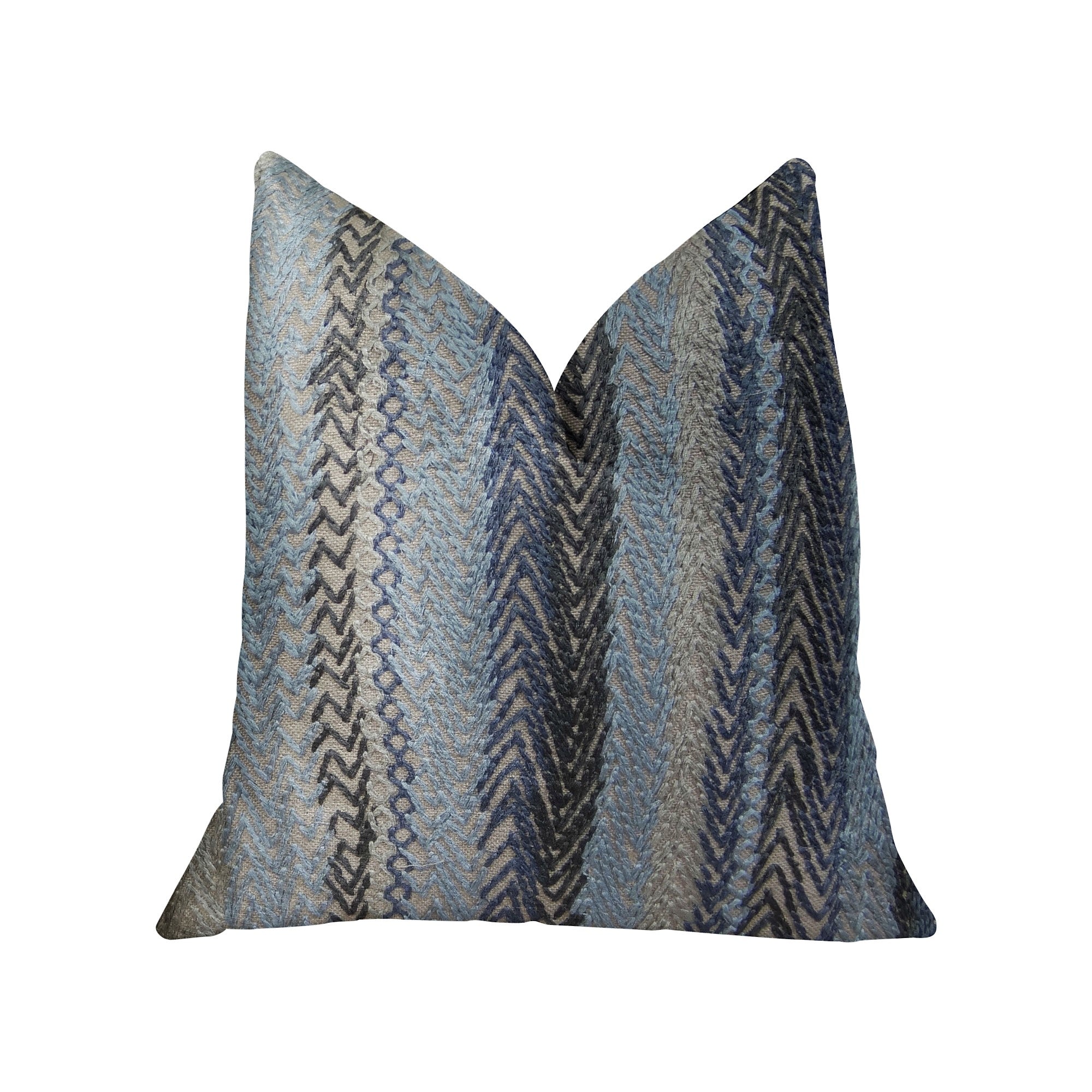 Blue Gate Gray Blue and Taupe Handmade Luxury Pillow featuring geometric pattern and invisible zipper, crafted from linen and cotton.