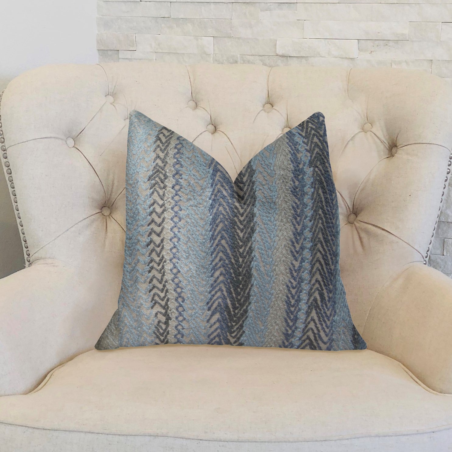 Blue Gate Gray Blue and Taupe Handmade Luxury Pillow featuring geometric pattern and invisible zipper, crafted from linen and cotton.