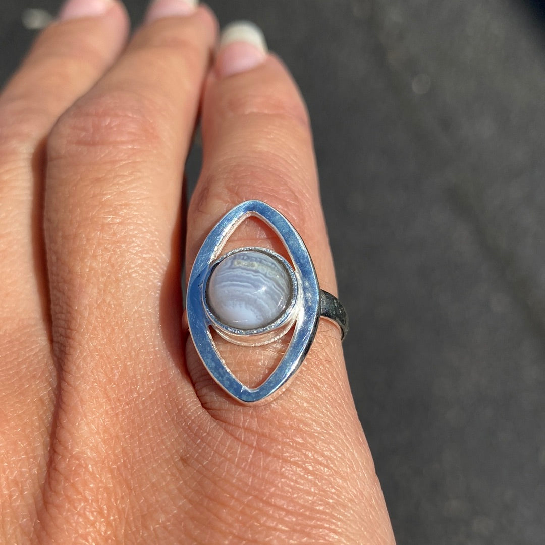 A beautiful Blue Lace Agate Sterling Silver Ring, size 7, showcasing its elegant design and calming blue stone.