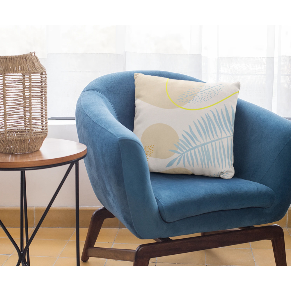 Blue Leaf Cushion featuring vibrant leaf patterns, available in four sizes, perfect for home decoration.