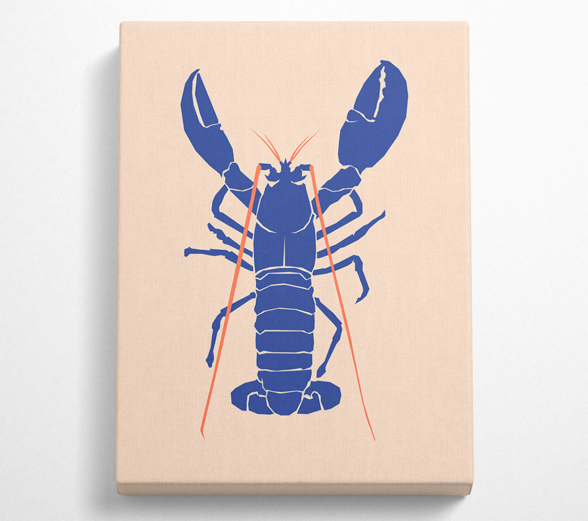 A vibrant blue lobster artwork printed on coated polyester canvas, mounted on a sturdy 44mm box frame, ready to hang.