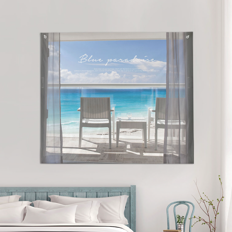 Blue Paradise fabric poster measuring 150cm x 130cm, featuring a modern design with vibrant colors.