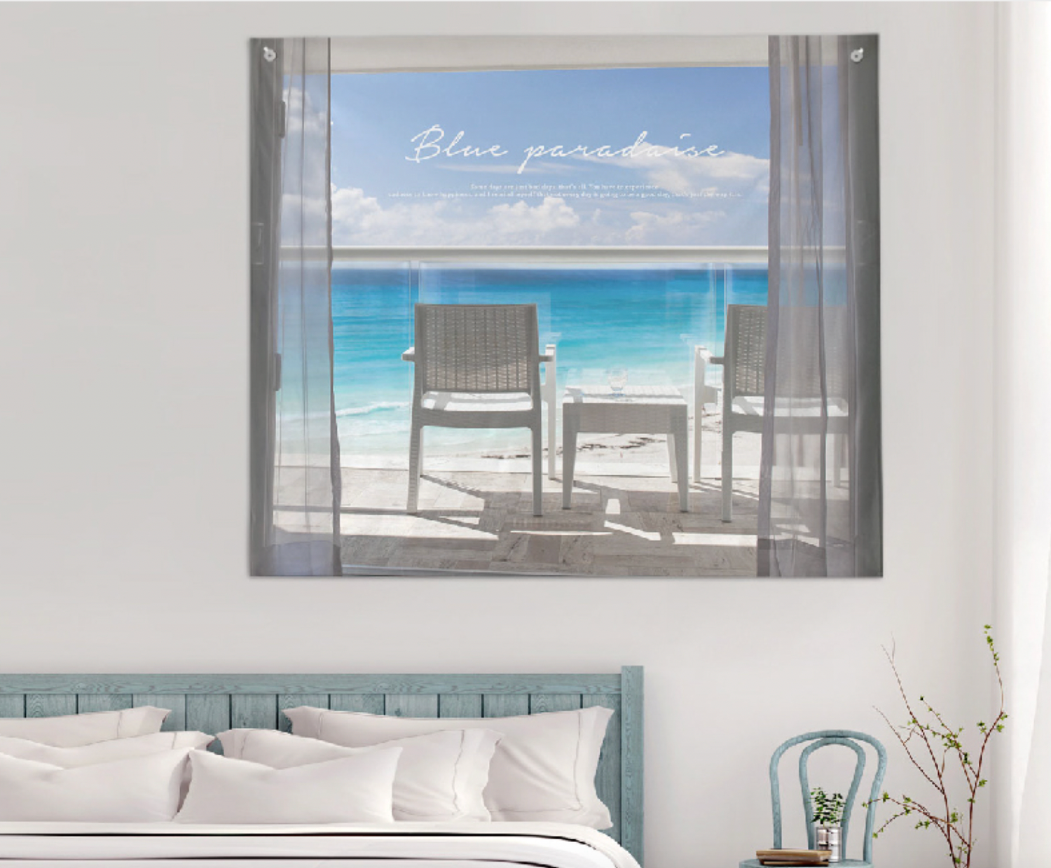 Blue Paradise fabric poster measuring 150cm x 130cm, featuring a modern design with vibrant colors.