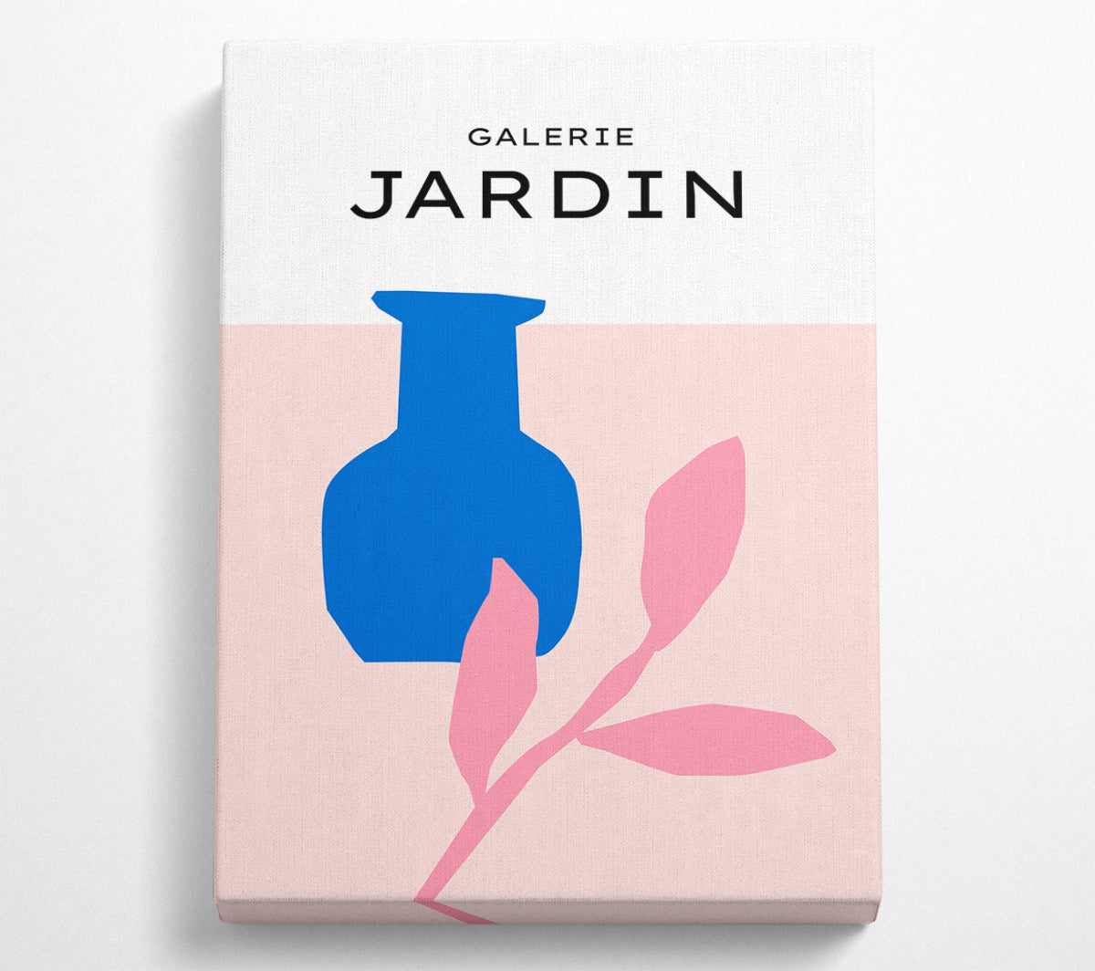 Artwork featuring a blue pot with pink leaves, printed on coated polyester canvas and mounted on a box frame.