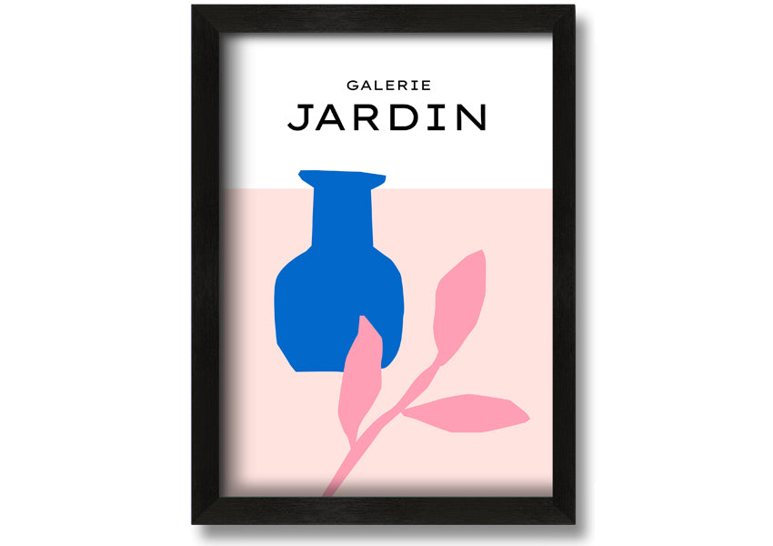 Framed print of a blue pot with pink leaves, showcasing vibrant colors and quality craftsmanship.