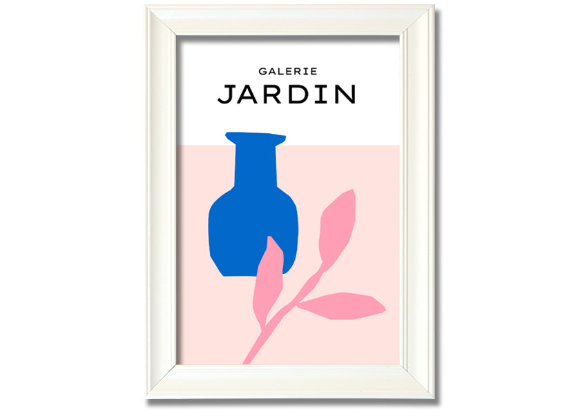 Framed print of a blue pot with pink leaves, showcasing vibrant colors and quality craftsmanship.