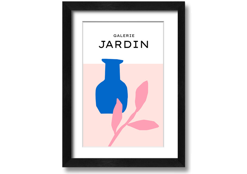 Framed print of a blue pot with pink leaves, showcasing vibrant colors and quality craftsmanship.