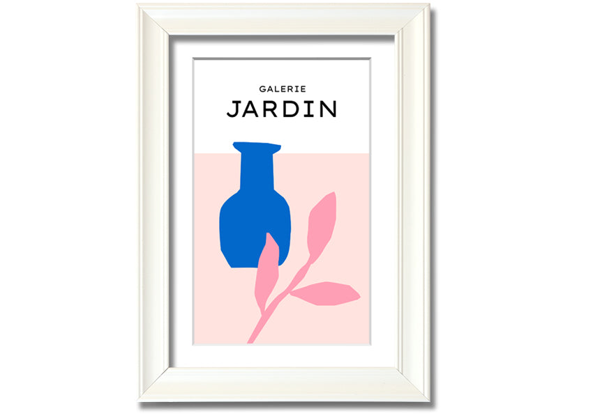 Framed print of a blue pot with pink leaves, showcasing vibrant colors and quality craftsmanship.