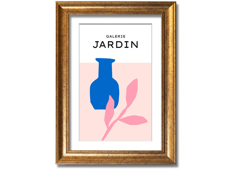 Framed print of a blue pot with pink leaves, showcasing vibrant colors and quality craftsmanship.