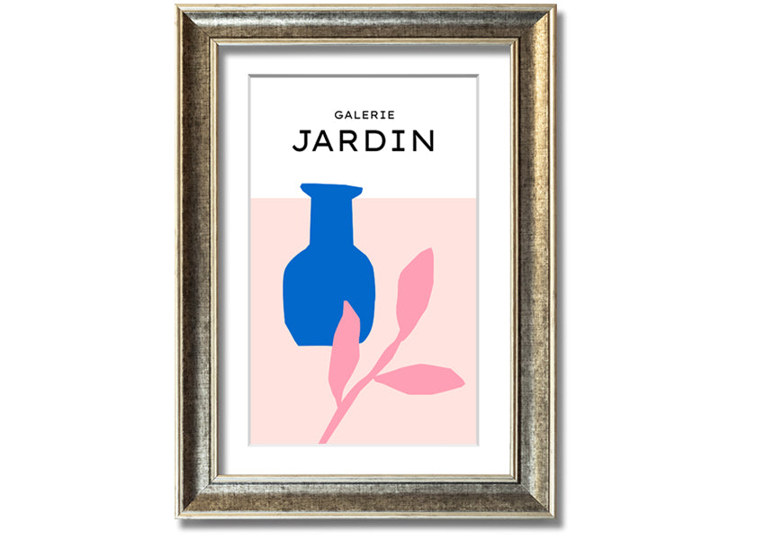 Framed print of a blue pot with pink leaves, showcasing vibrant colors and quality craftsmanship.