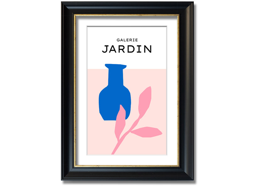 Framed print of a blue pot with pink leaves, showcasing vibrant colors and quality craftsmanship.