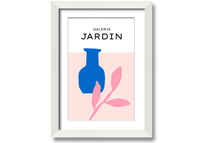 Framed print of a blue pot with pink leaves, showcasing vibrant colors and quality craftsmanship.