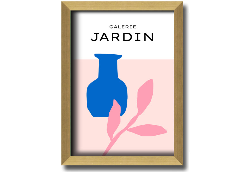 Framed print of a blue pot with pink leaves, showcasing vibrant colors and quality craftsmanship.