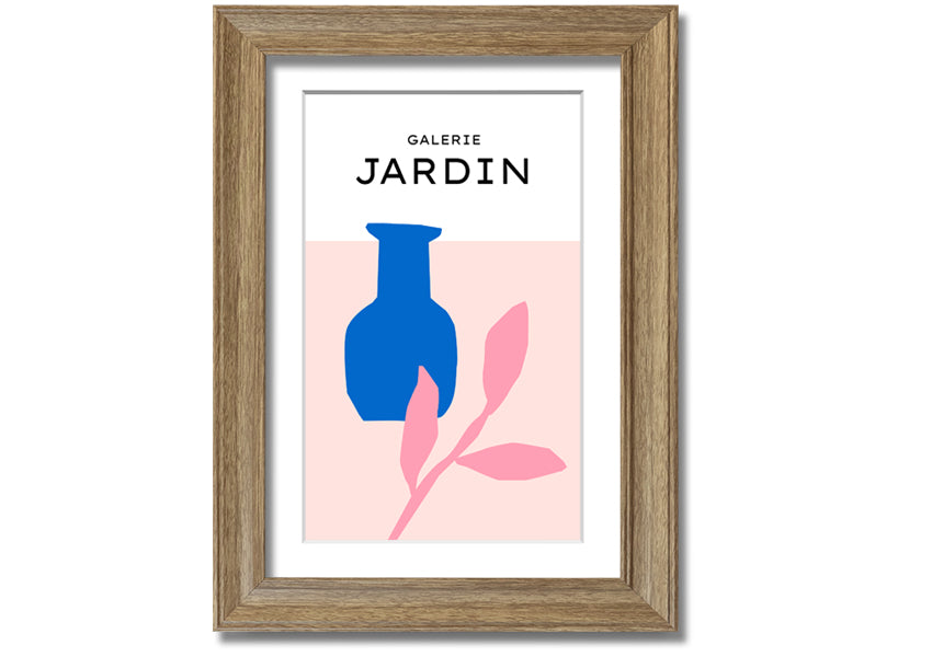 Framed print of a blue pot with pink leaves, showcasing vibrant colors and quality craftsmanship.