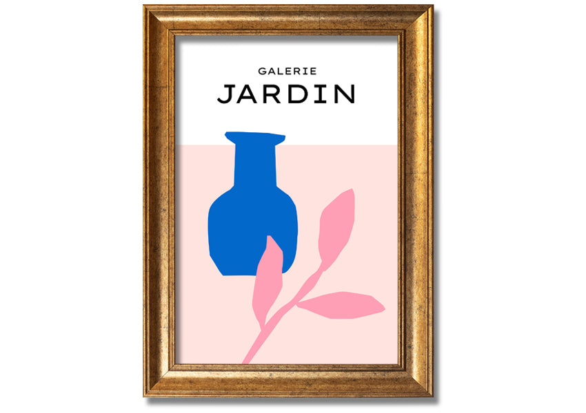 Framed print of a blue pot with pink leaves, showcasing vibrant colors and quality craftsmanship.