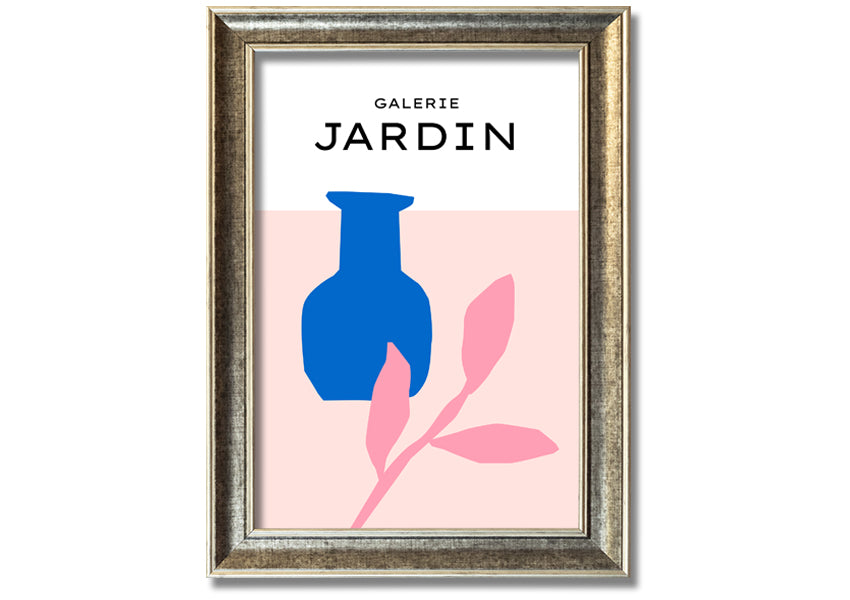 Framed print of a blue pot with pink leaves, showcasing vibrant colors and quality craftsmanship.