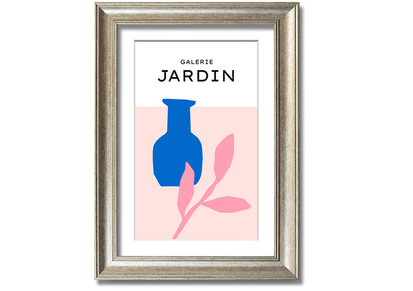 Framed print of a blue pot with pink leaves, showcasing vibrant colors and quality craftsmanship.