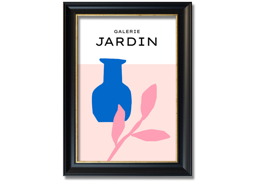 Framed print of a blue pot with pink leaves, showcasing vibrant colors and quality craftsmanship.