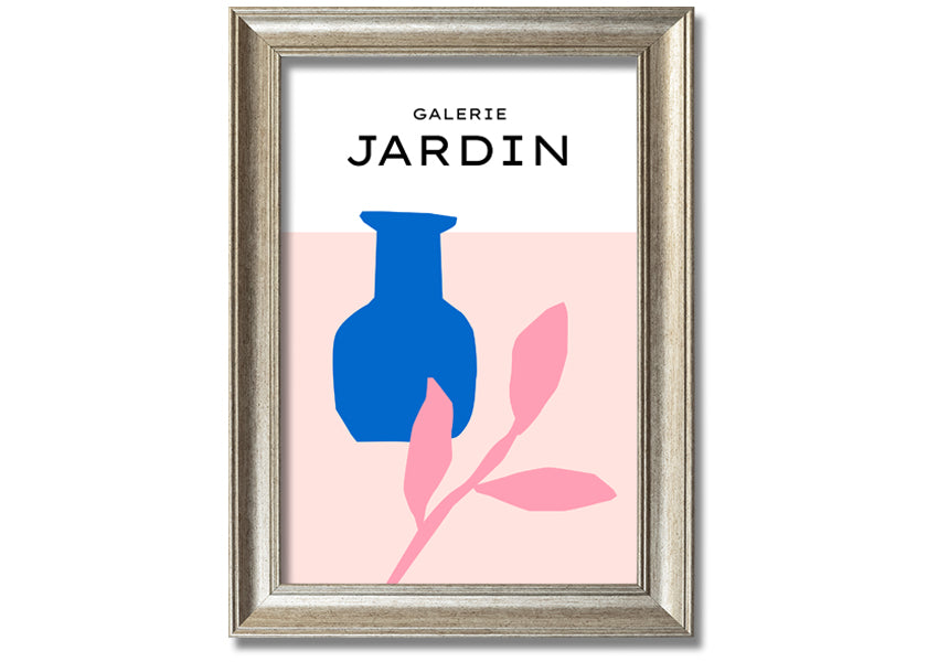 Framed print of a blue pot with pink leaves, showcasing vibrant colors and quality craftsmanship.