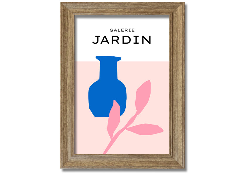 Framed print of a blue pot with pink leaves, showcasing vibrant colors and quality craftsmanship.