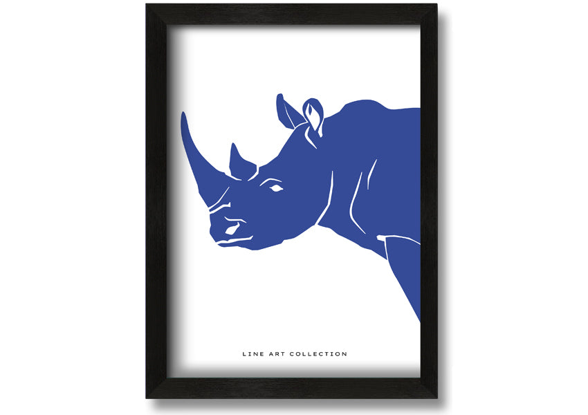 A beautifully framed Blue Rhino print showcasing intricate details and vibrant colors, ready to hang on the wall.