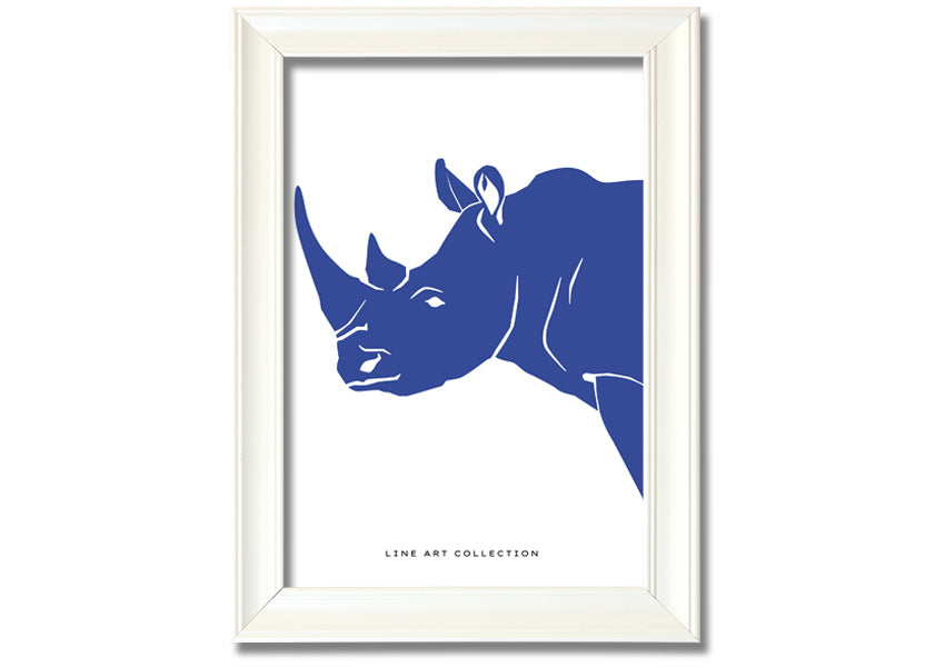 A beautifully framed Blue Rhino print showcasing intricate details and vibrant colors, ready to hang on the wall.