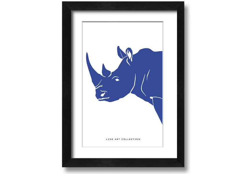 A beautifully framed Blue Rhino print showcasing intricate details and vibrant colors, ready to hang on the wall.