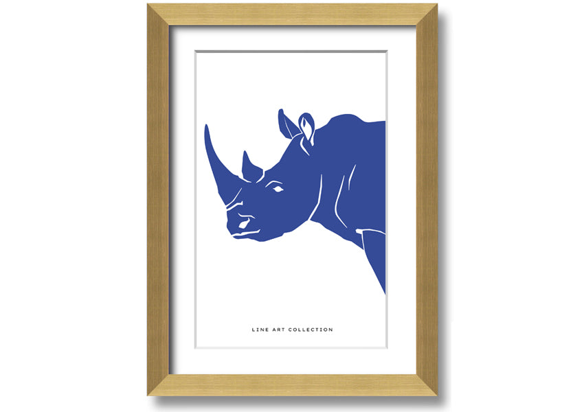 A beautifully framed Blue Rhino print showcasing intricate details and vibrant colors, ready to hang on the wall.