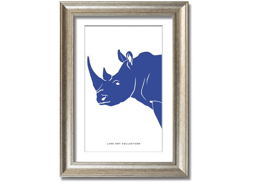 A beautifully framed Blue Rhino print showcasing intricate details and vibrant colors, ready to hang on the wall.