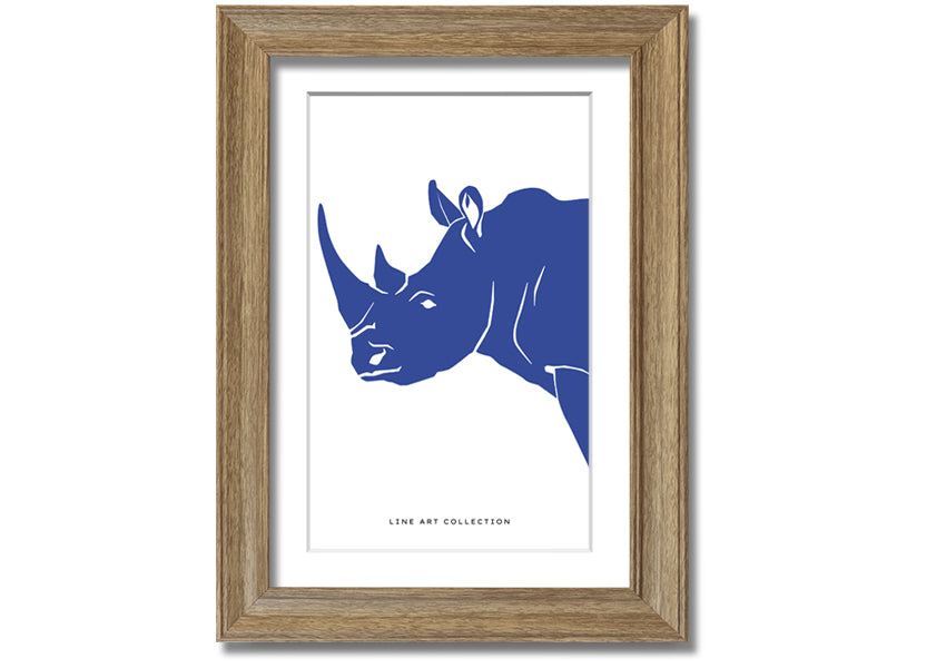 A beautifully framed Blue Rhino print showcasing intricate details and vibrant colors, ready to hang on the wall.