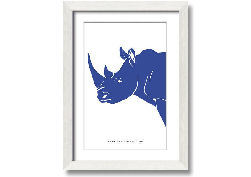 A beautifully framed Blue Rhino print showcasing intricate details and vibrant colors, ready to hang on the wall.