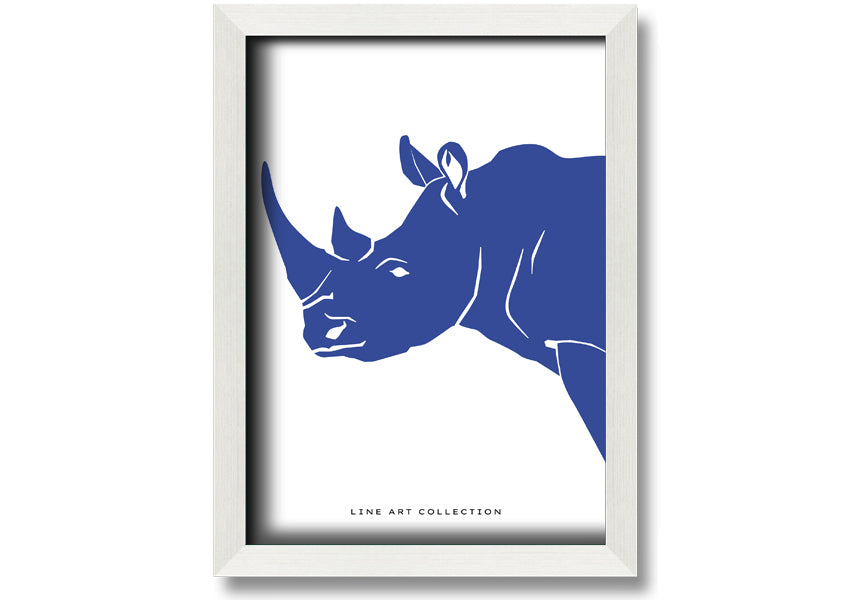 A beautifully framed Blue Rhino print showcasing intricate details and vibrant colors, ready to hang on the wall.