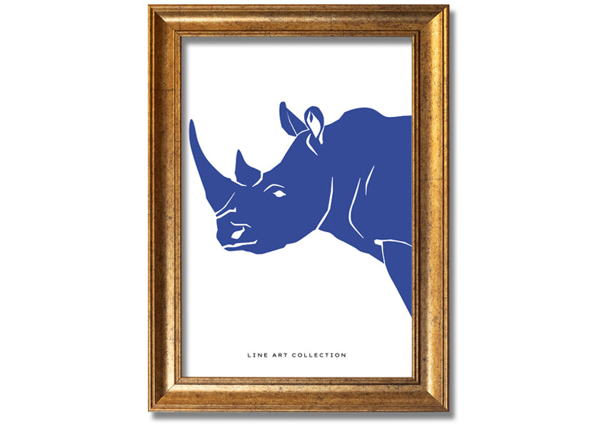 A beautifully framed Blue Rhino print showcasing intricate details and vibrant colors, ready to hang on the wall.