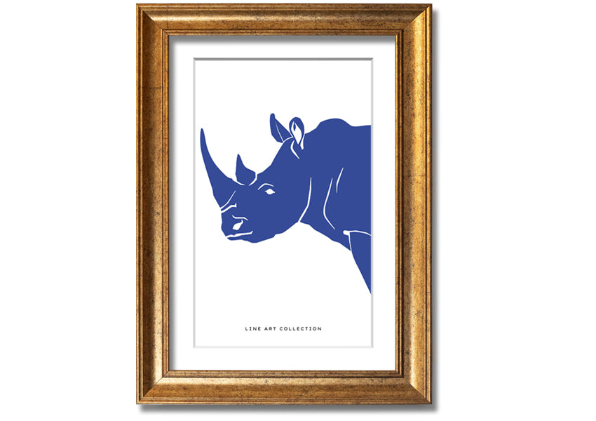 A beautifully framed Blue Rhino print showcasing intricate details and vibrant colors, ready to hang on the wall.