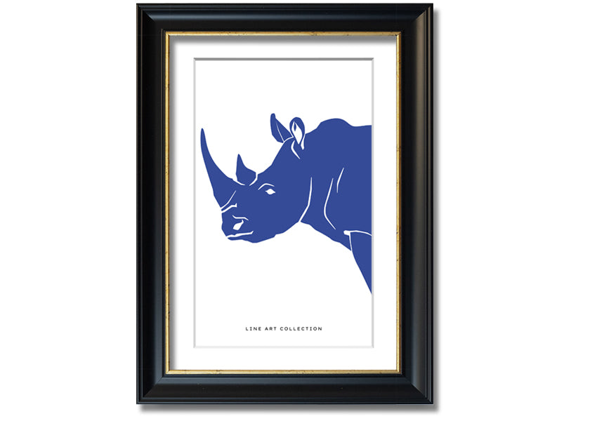 A beautifully framed Blue Rhino print showcasing intricate details and vibrant colors, ready to hang on the wall.