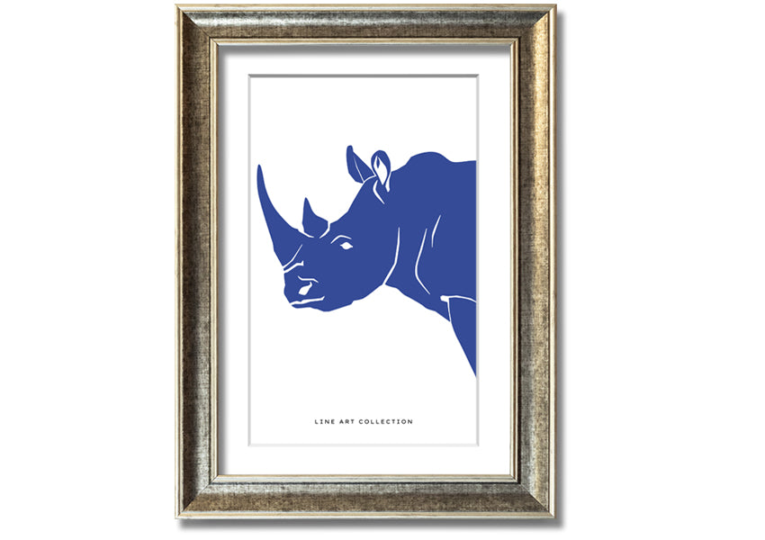 A beautifully framed Blue Rhino print showcasing intricate details and vibrant colors, ready to hang on the wall.