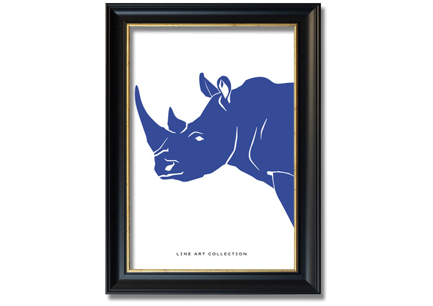 A beautifully framed Blue Rhino print showcasing intricate details and vibrant colors, ready to hang on the wall.