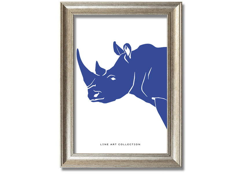 A beautifully framed Blue Rhino print showcasing intricate details and vibrant colors, ready to hang on the wall.