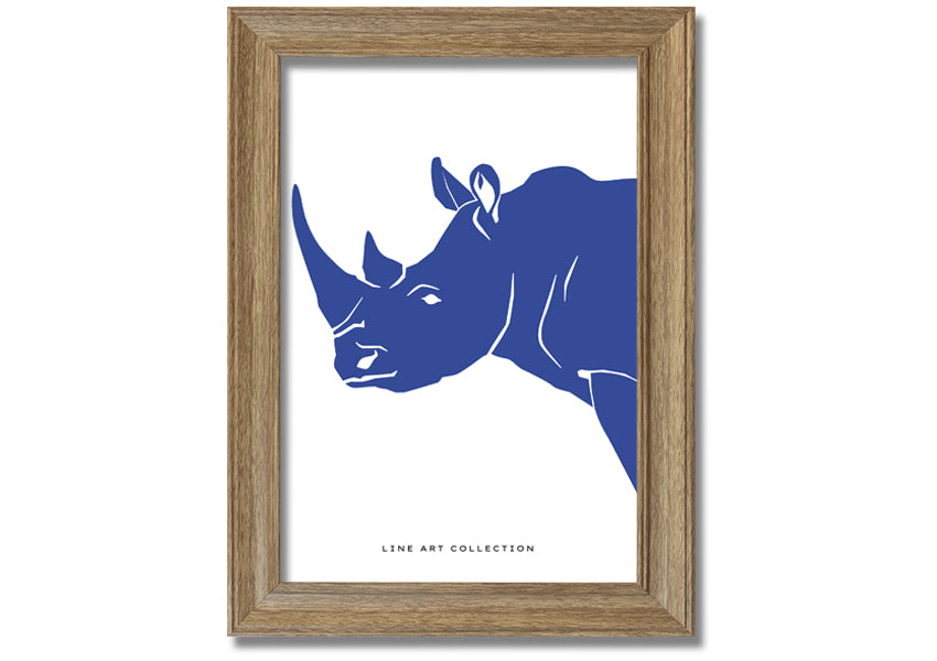 A beautifully framed Blue Rhino print showcasing intricate details and vibrant colors, ready to hang on the wall.