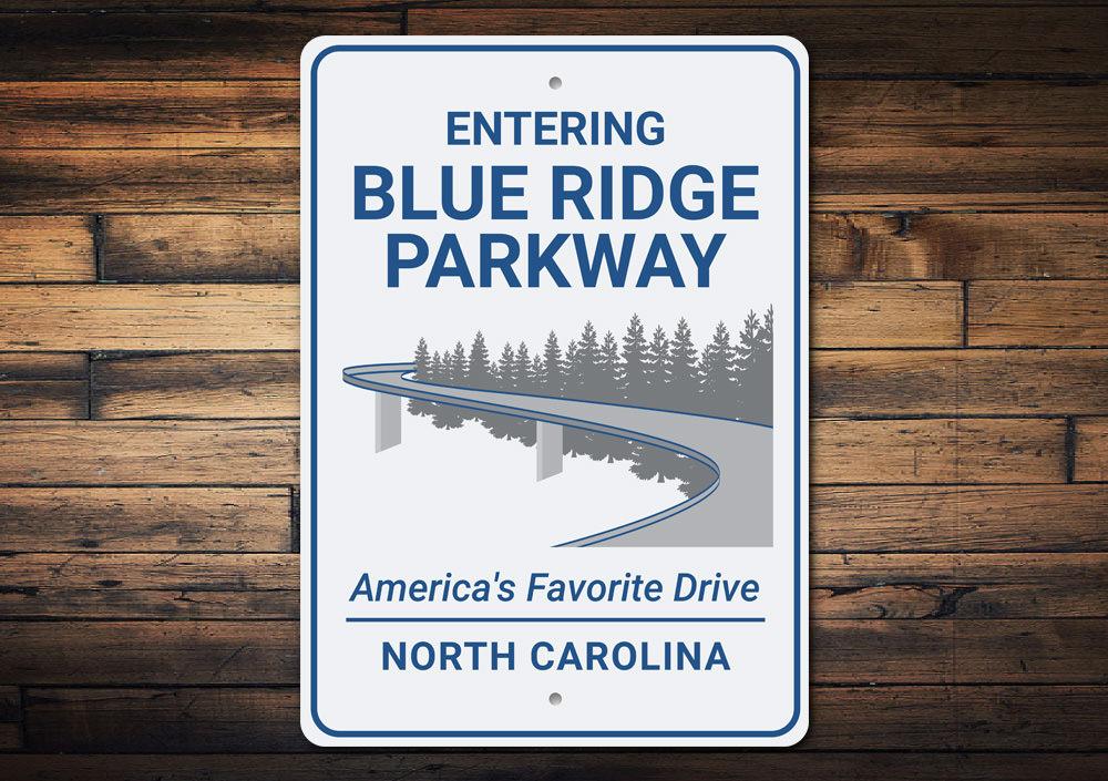 A decorative Blue Ridge Parkway Sign made of high-quality aluminum, featuring vibrant colors and customizable text, perfect for home decor.