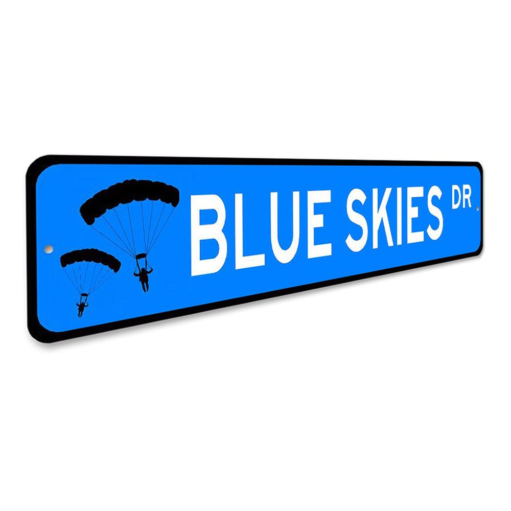 Blue Skies Drive Sign made of high-quality aluminum, featuring customizable text and pre-drilled holes for easy mounting.