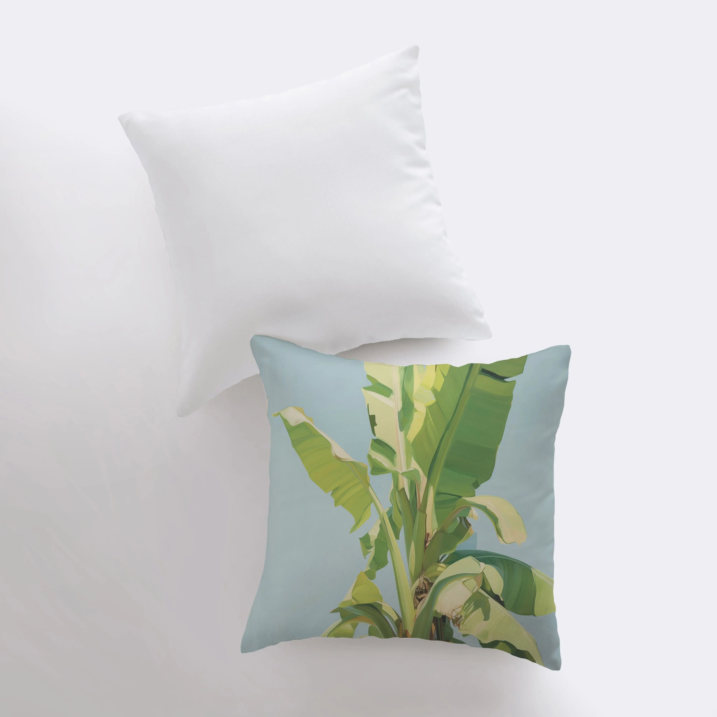 Blue Sky Palm Tree throw pillow featuring a vibrant palm tree design on a blue background, with a white back and concealed zipper.