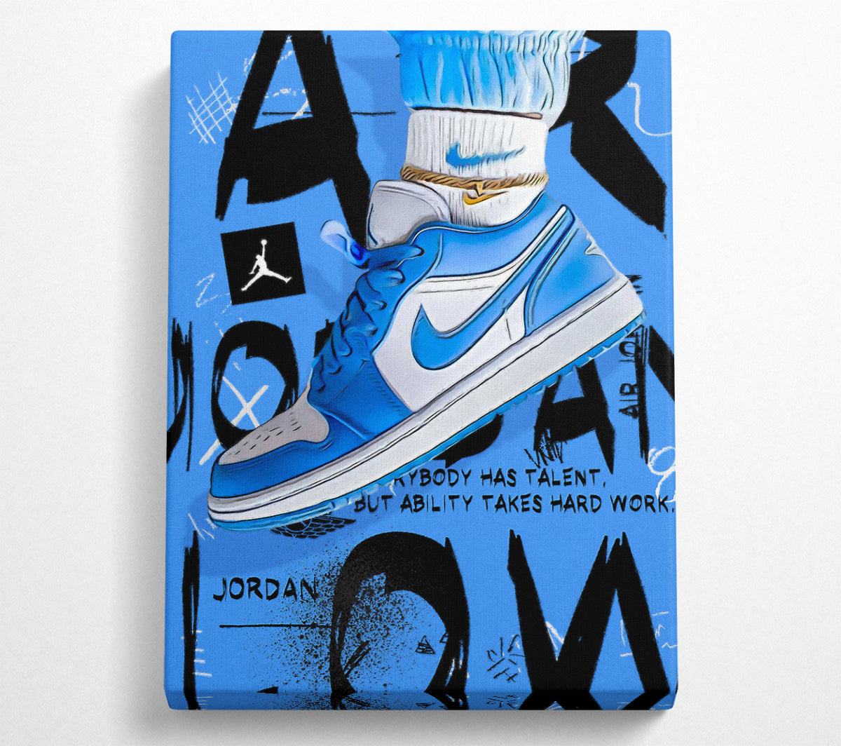 Vibrant blue sneakers artwork printed on coated polyester canvas, mounted on a sturdy 44mm box frame, ready to hang.