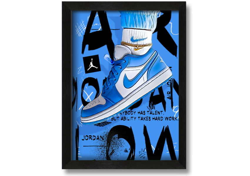 A vibrant artwork of blue sneakers printed on coated polyester canvas, mounted on a sturdy 44mm box frame, ready to hang.