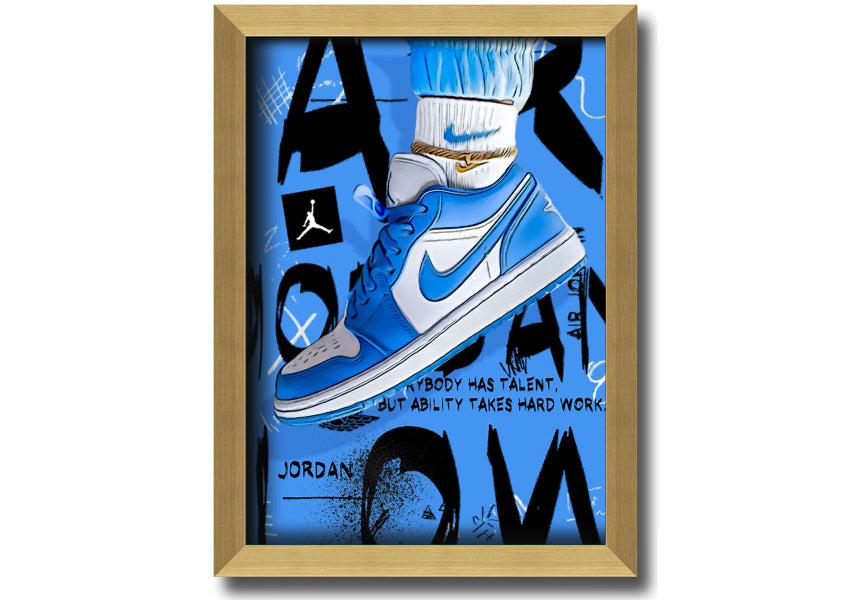 A vibrant artwork of blue sneakers printed on coated polyester canvas, mounted on a sturdy 44mm box frame, ready to hang.