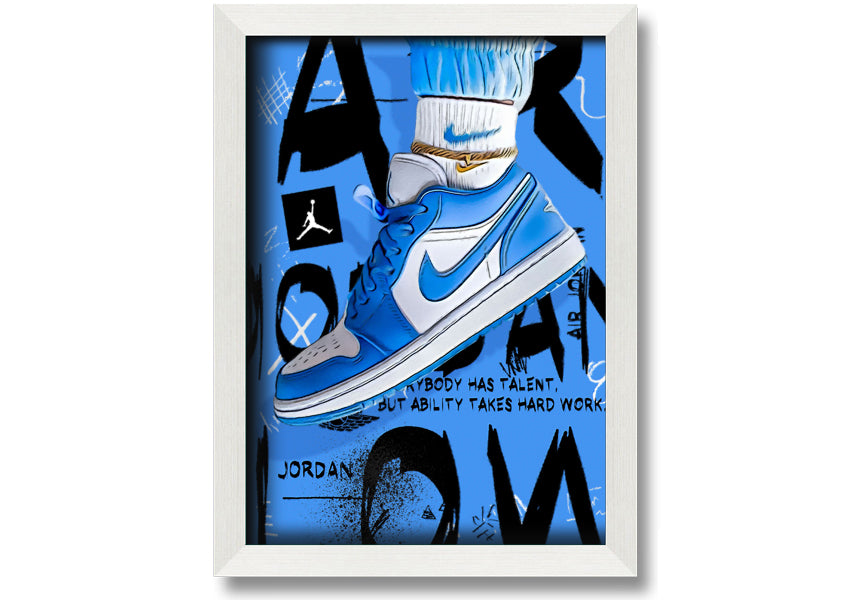 A vibrant artwork of blue sneakers printed on coated polyester canvas, mounted on a sturdy 44mm box frame, ready to hang.