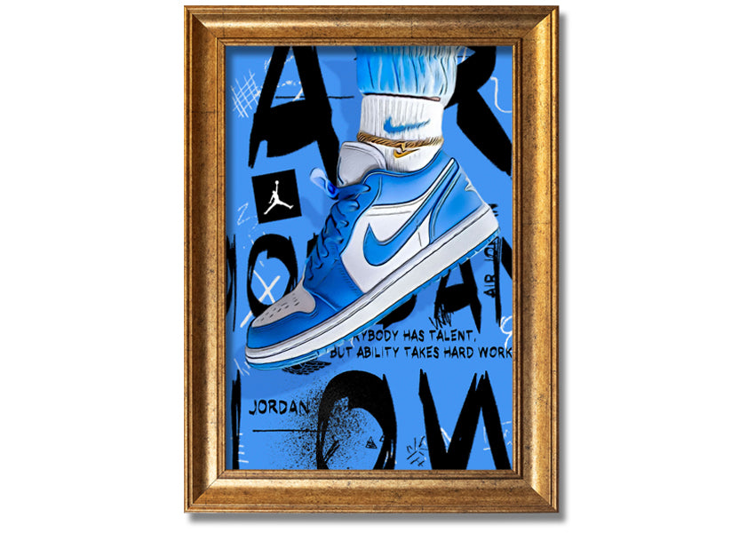 A vibrant artwork of blue sneakers printed on coated polyester canvas, mounted on a sturdy 44mm box frame, ready to hang.