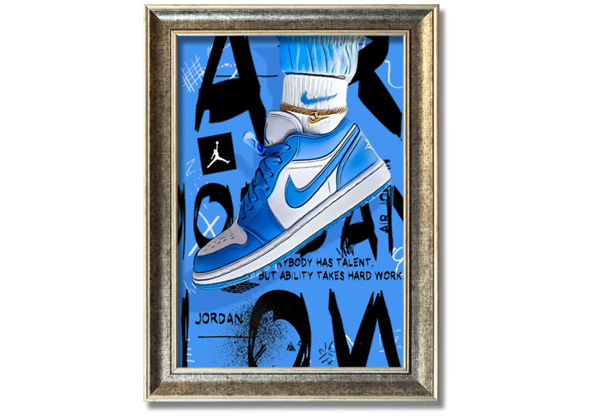 A vibrant artwork of blue sneakers printed on coated polyester canvas, mounted on a sturdy 44mm box frame, ready to hang.