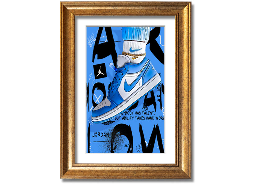 A vibrant artwork of blue sneakers printed on coated polyester canvas, mounted on a sturdy 44mm box frame, ready to hang.